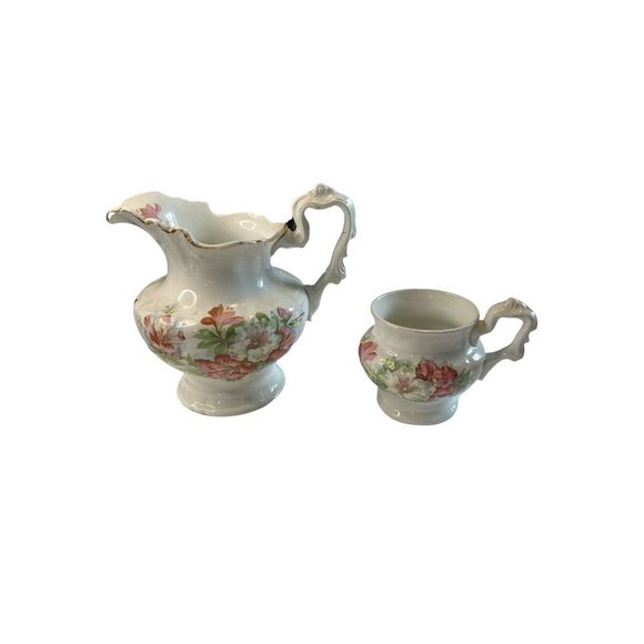 ANTIQUE 1890'S ANCHOR POTTERY PORCELAIN FLORAL WATER PITCHER AND CUP - Picture 1 of 8